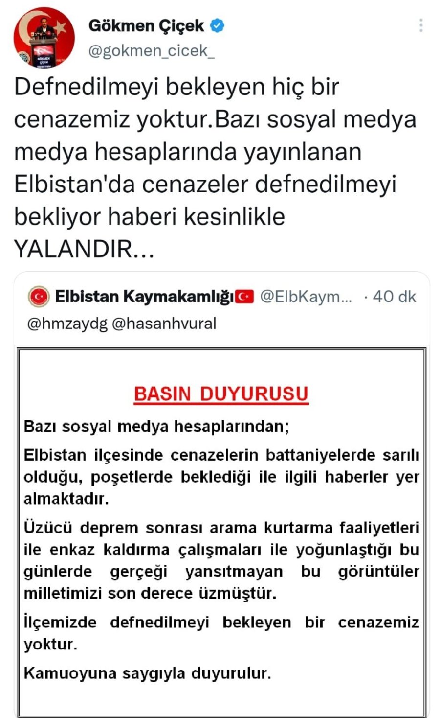 Elbistan Kaymakamlığı: "ilçemizde Defnedilmeyi Bekleyen Bir Cenazemiz Yoktur"