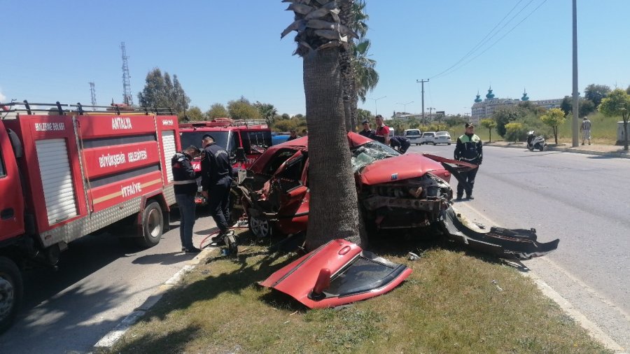 Sollama Yaparken Palmiyeye Çarpan Otomobilde Sıkışan Sürücü Ağır Yaralandı