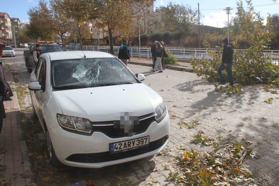 Konya’da Şiddetli Fırtınada Kırılan Ağaç Park Halindeki Otomobile Zarar Verdi