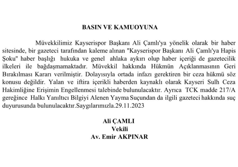 Kayserispor Başkanı Çamlı’nın Avukatından ‘yalan Haber’ Açıklaması