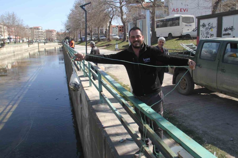 Beyşehir Gölü’nden Kanala Dökülen Balıkları Toplamak İçin Birbirleriyle Yarıştılar