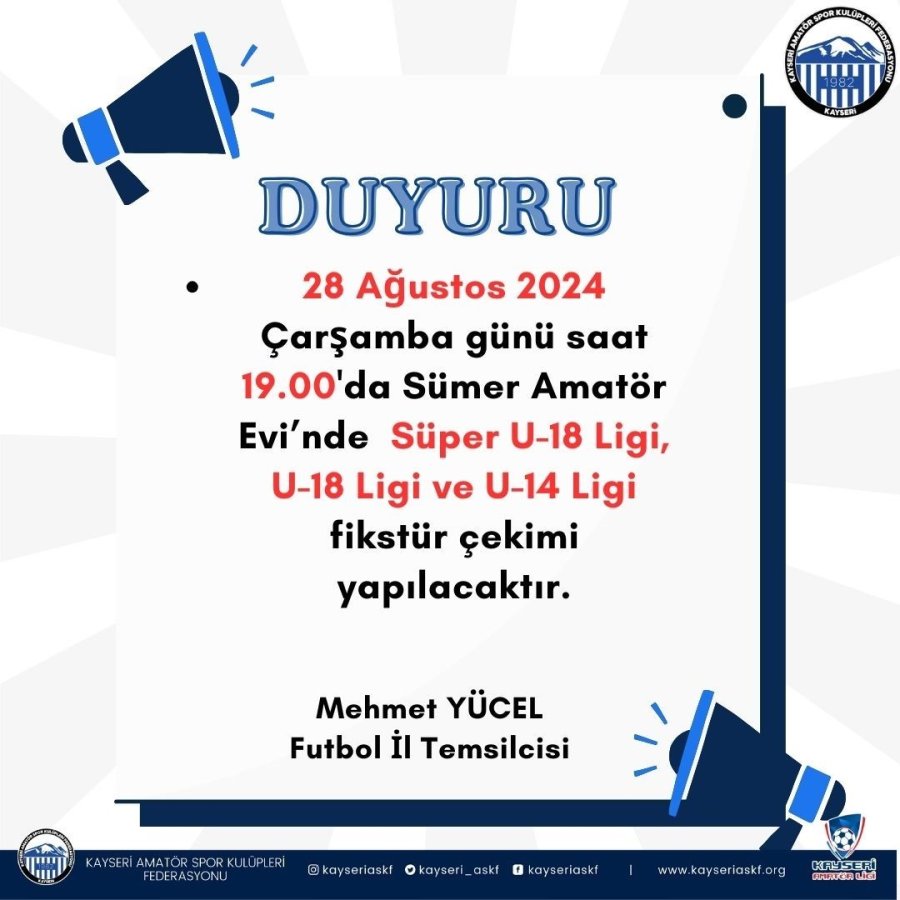 Kayseri Süper U18 Ligi, U18 Ligi Ve U14 Ligi Fikstürü Çekiliyor