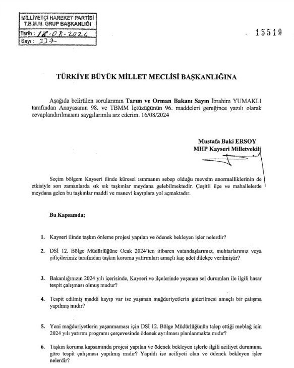 Tarım Ve Orman Bakanlığı’ndan Mhp’li Ersoy’un Önergesine Cevap Geldi