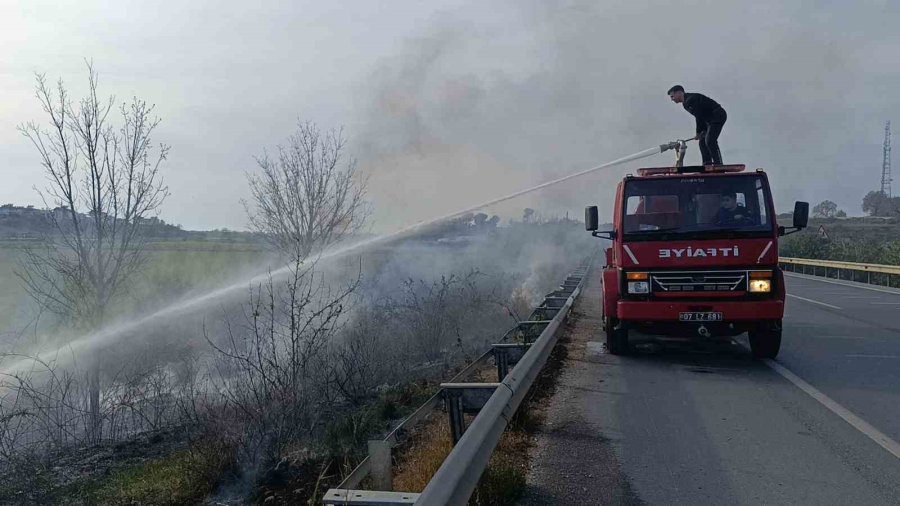 Araçtan Atılan Sigara Yol Kenarında Yangın Çıkardı, İlk Müdahale Beton Mikserinden Geldi