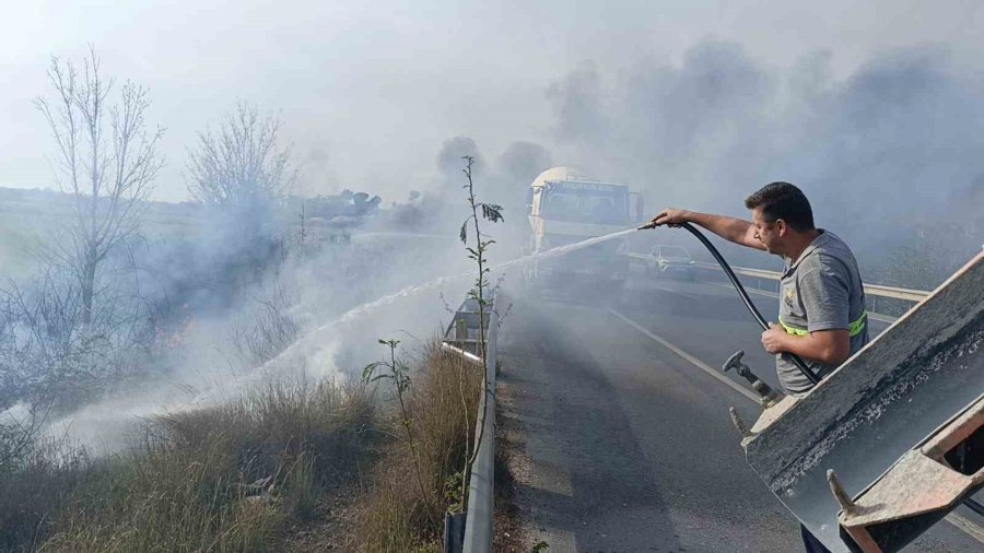 Araçtan Atılan Sigara Yol Kenarında Yangın Çıkardı, İlk Müdahale Beton Mikserinden Geldi